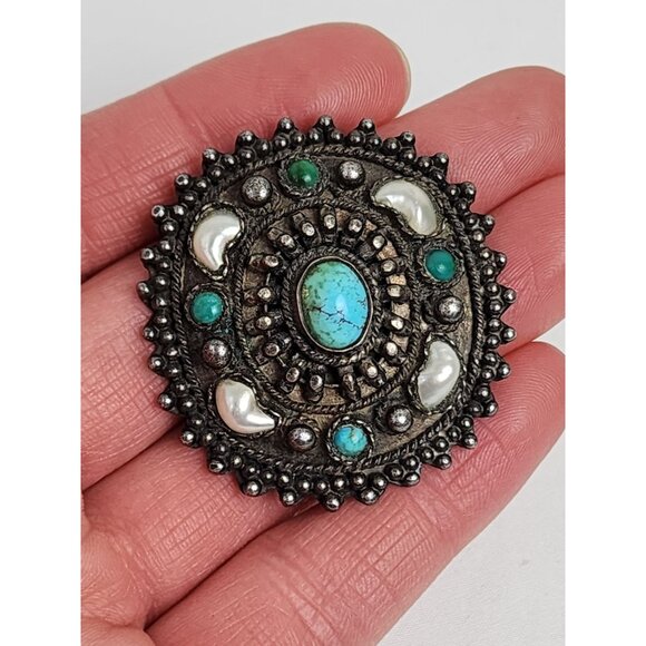 Antique 935 Silver Turquoise Pearl Brooch Pendant Natural Patina Coastal Cowgirl - Picture 8 of 9